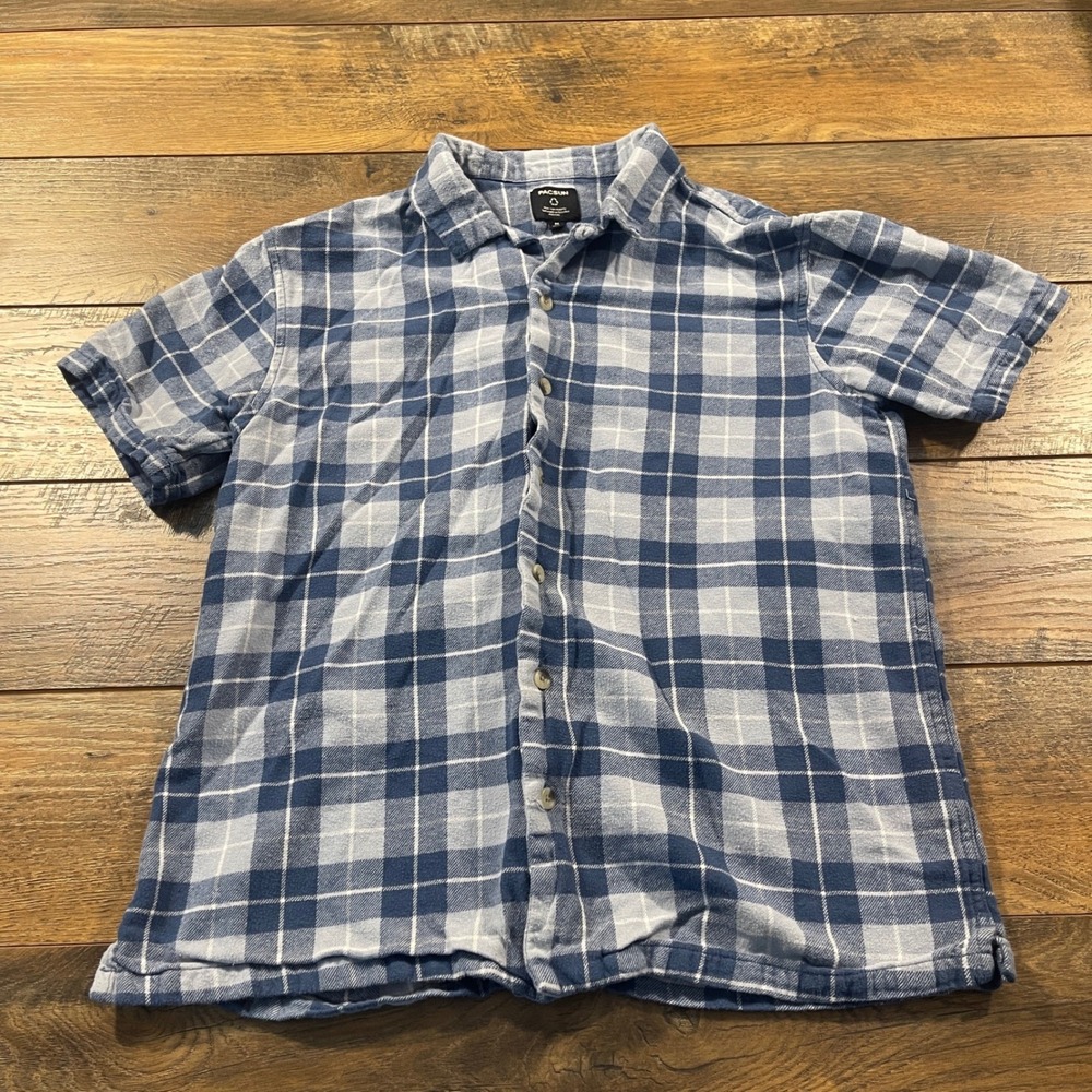 PacSun Men M Blue White Plaid Short Sleeve Button Up Recycled Cotton Surf Skater